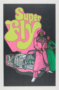 'SUPER FLY' BLACKLIGHT POSTER: Vintage blacklight poster, 11.75 x 17.5 in., advertising the 1972 film 'Super Fly'. The poster depicts the two main characters of the film dressed in neon colors standing in front of a Cadillac. At th