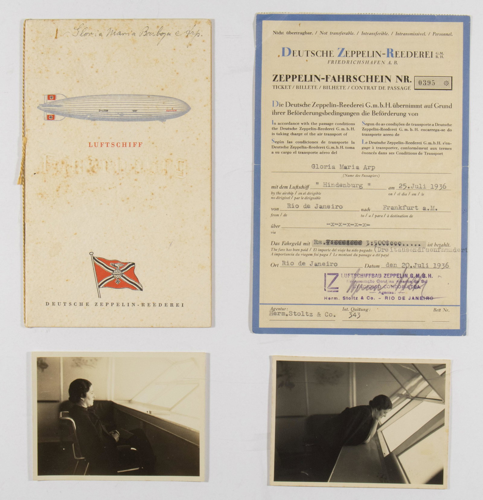 HINDENBURG ZEPPELIN TICKET & MENU CERTIFICATE NAMED GROUPING: A great group of five original items given to Gloria Maria Arp for her July 25, 1936 flight from Rio De Janeiro to Frankfurt onboard the ill-fated zeppelin ‘Hindenburg’. Includes: the original pri