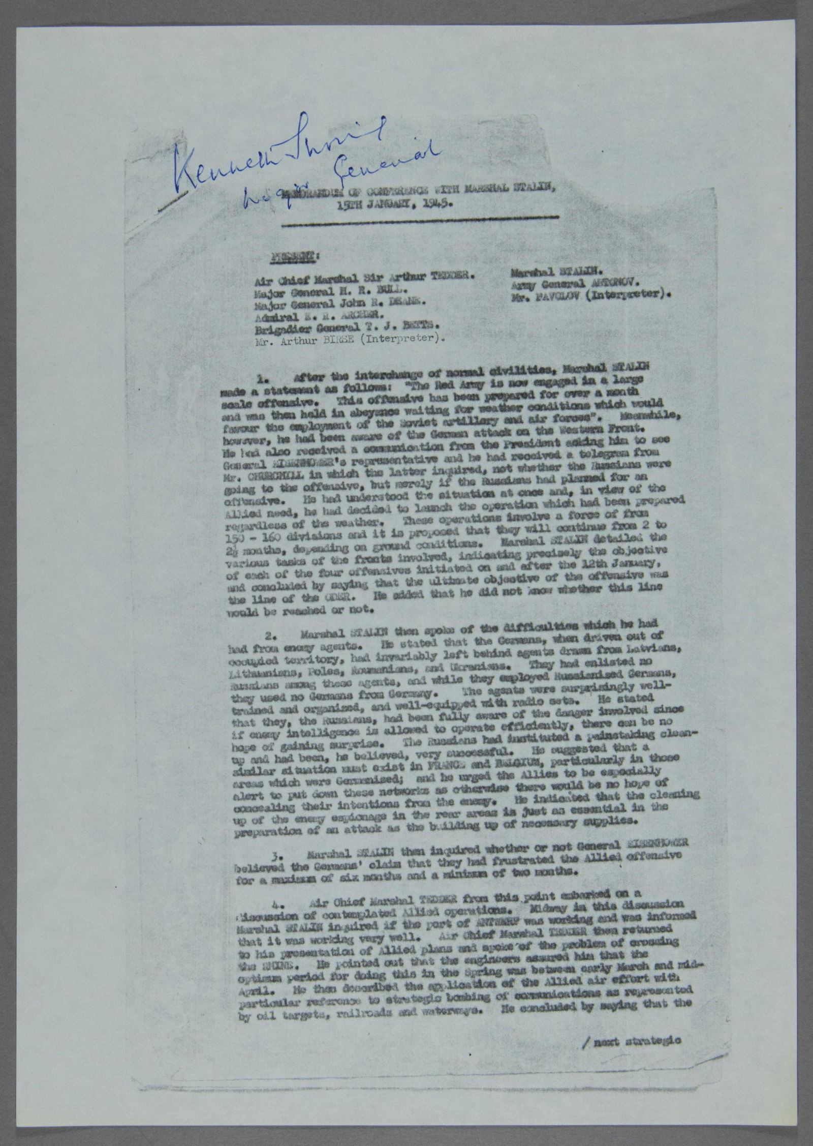 MEMORANDUM OF CONFERENCE WITH MARSHAL STALIN', KENNETH STRONG: (1900-1982) British major general who earned both British and foreign awards for his service in Eisenhower’s Supreme Headquarters Allied Expeditionary Force and his role in negotiating the surrender