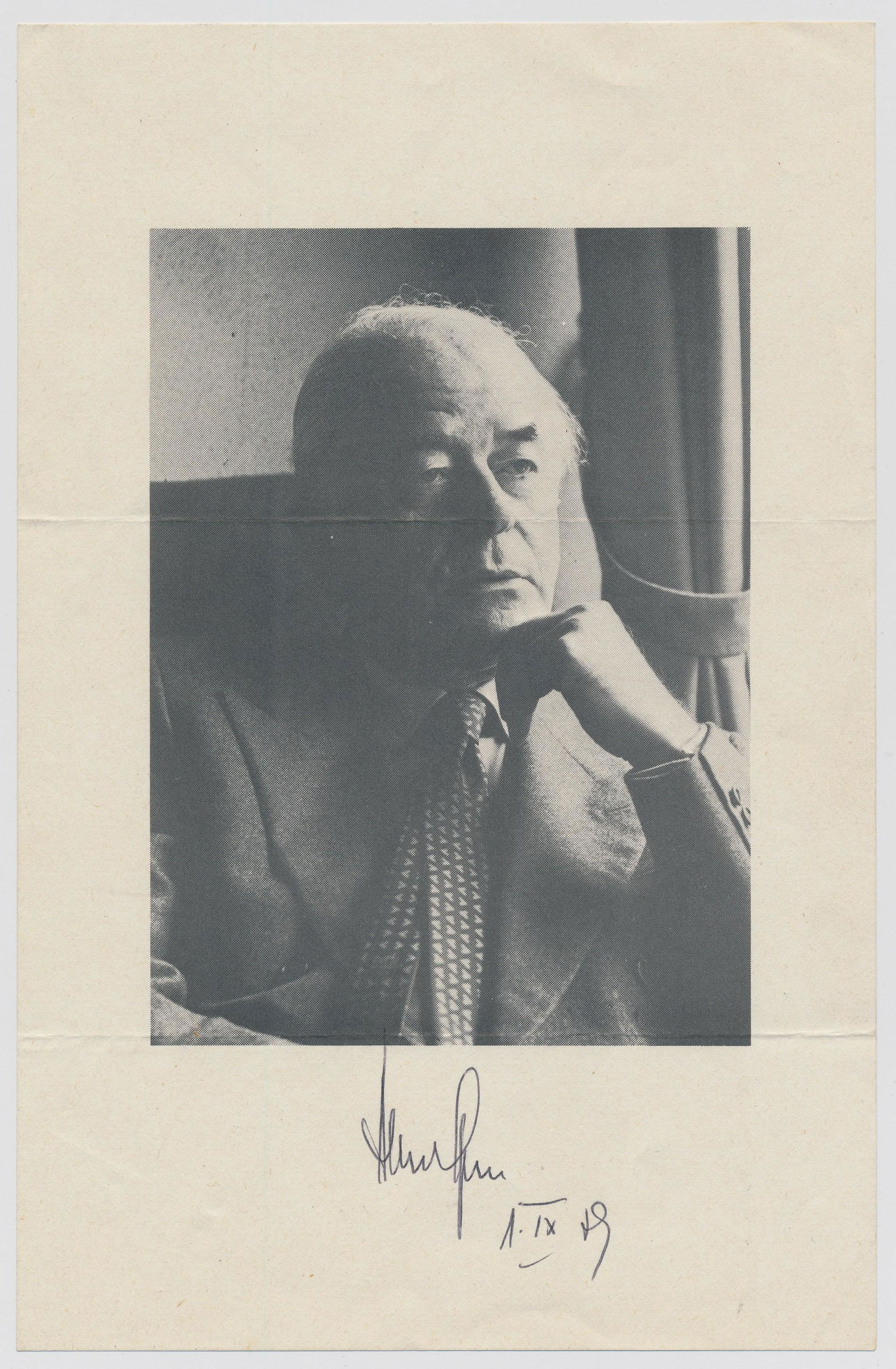 ALBERT SPEER: (1905 - 1981) Nazi German architect and Minister of Armaments and War Production, convicted of war crimes at Nuremberg. S.P., 6 x 9.5 in. b/w on printed stock, a postwar pose signed and dated at the b