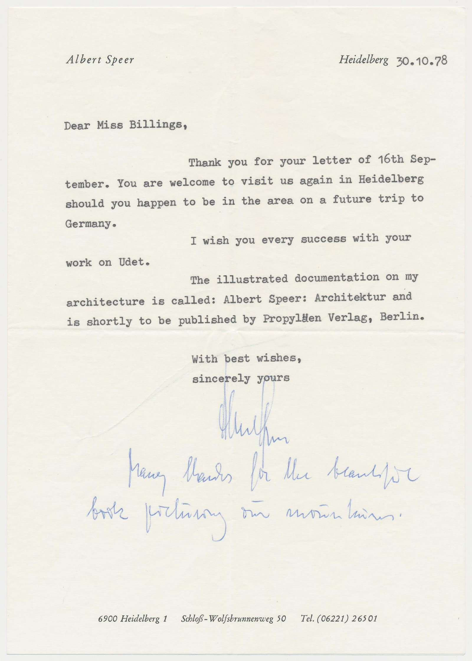 ALBERT SPEER: (1905 - 1981) Nazi German architect and Minister of Armaments and War Production, convicted of war crimes at Nuremberg. T.L.S. on his personal letterhead, 1p. 8vo., Heidelberg, Oct. 30, 1978, in Engli