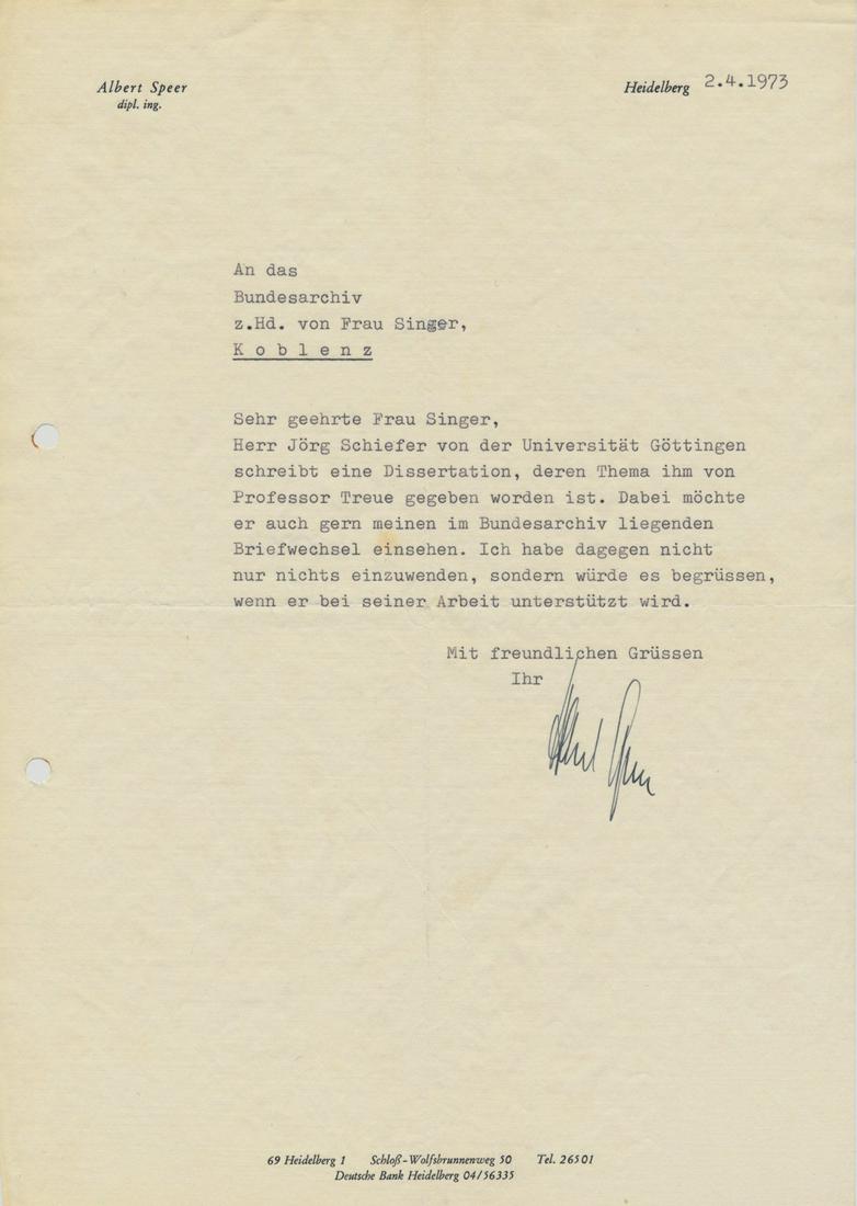 ALBERT SPEER: (1905 - 1981) Nazi German architect and Minister of Armaments and War Production, convicted of war crimes at Nuremberg. T.L.S. on personal letterhead, 1p. legal folio, Heidelberg, April 2, 1973, to 'M