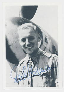 ERICH HARTMANN: (1922 - 1993) German ace, the top ace of all time, with 352 aerial kills during which he never lost a wing man. Captured and held by the Soviets for ten years. S.P., 3 x 4 in. b/w cut from a