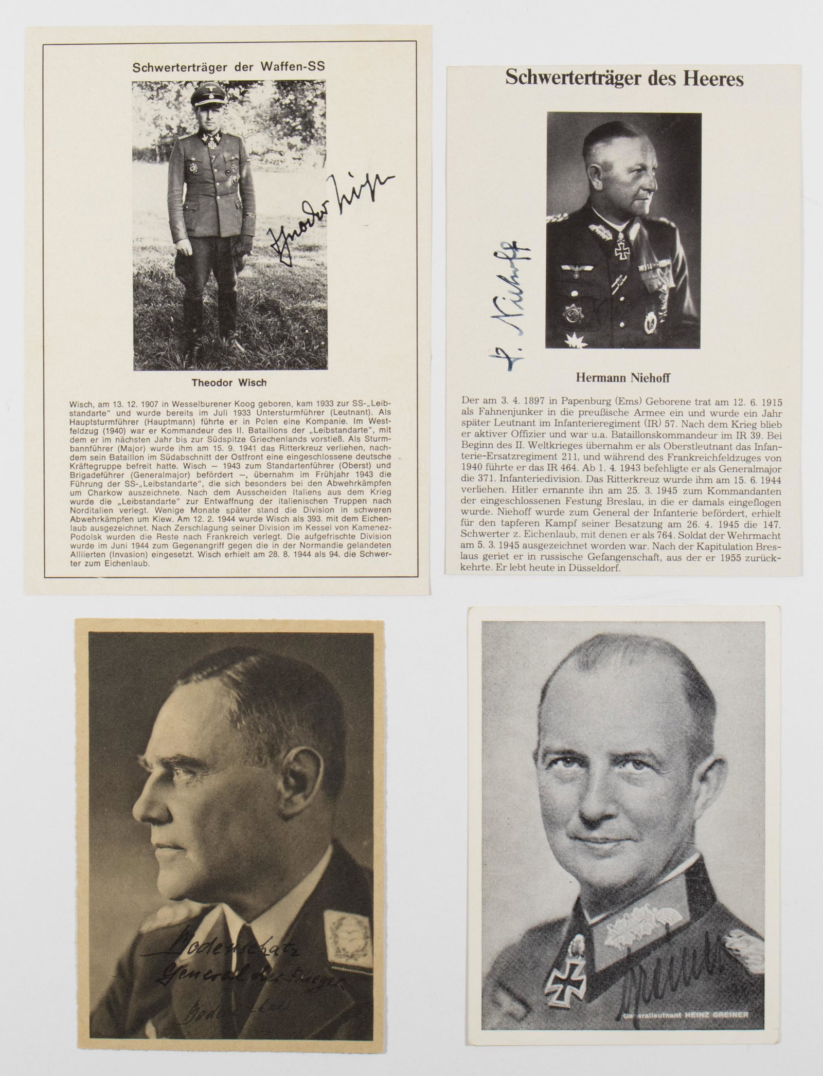 KNIGHTS CROSS RECIPIENTS (4): Good lot of four S.P.s, none larger than 4 x 6 in. b/w, signed by Knights Cross recipients, including HEINZ GREINER, HERMANN NIEHOFF, KARL BODENSCHATZ, and THEODOR WISCH. The photos of Wisch and Nieho