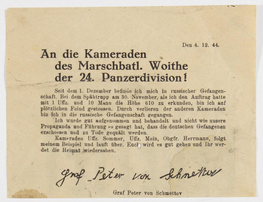 'MESSAGE' FROM RUSSIAN-IMPRISONED GERMAN COMMANDER, 1944 (1 of 2)