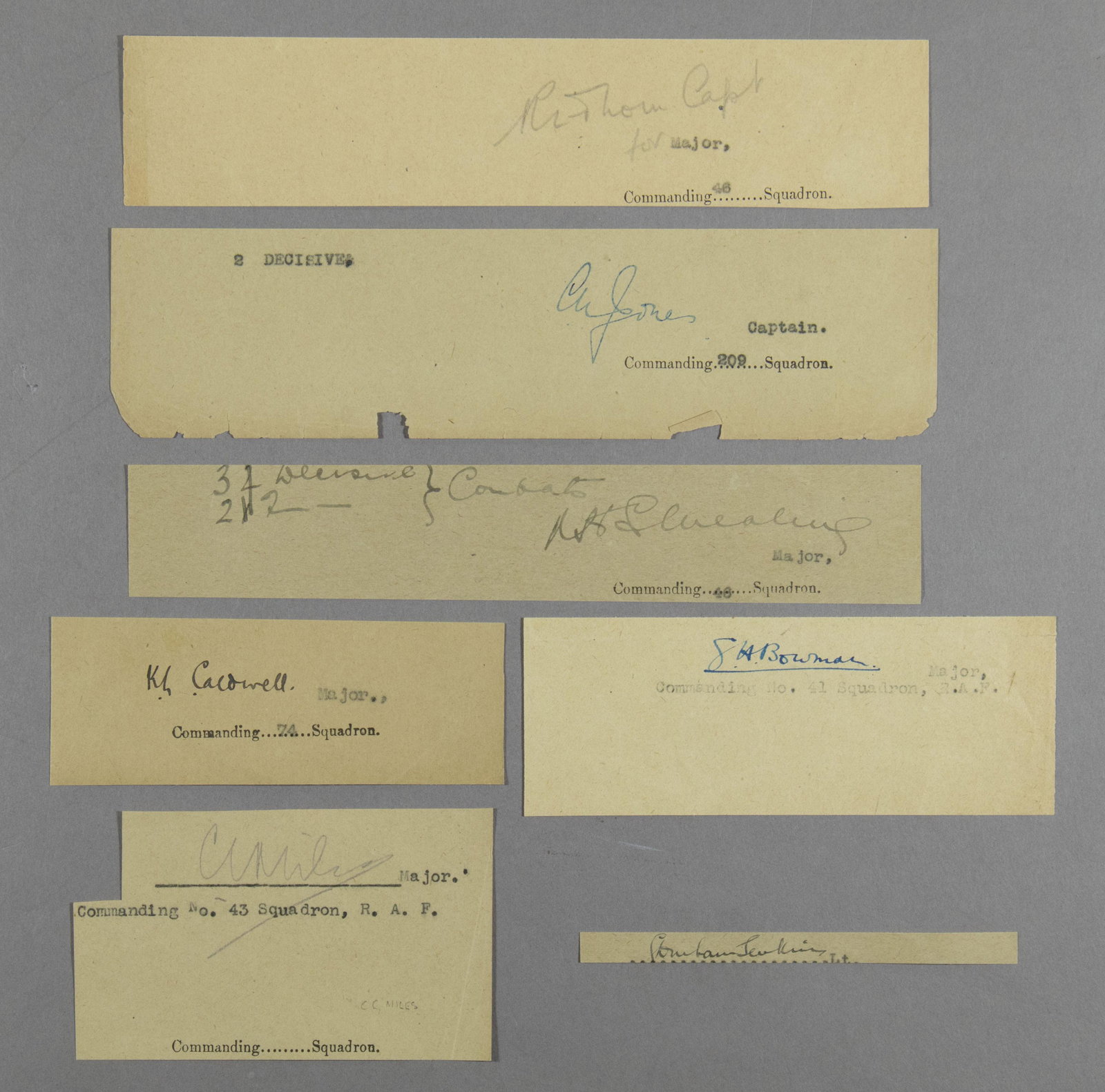 WORLD WAR I ACES: A group of seven signatures of Royal Flying Corp aces, each on a small sheet clipped from official documents, includes: GEOFFREY H. ‘BEERY’ BOWMAN, CLIVE R. CALDWELL, MAURICE E. MEALING, J