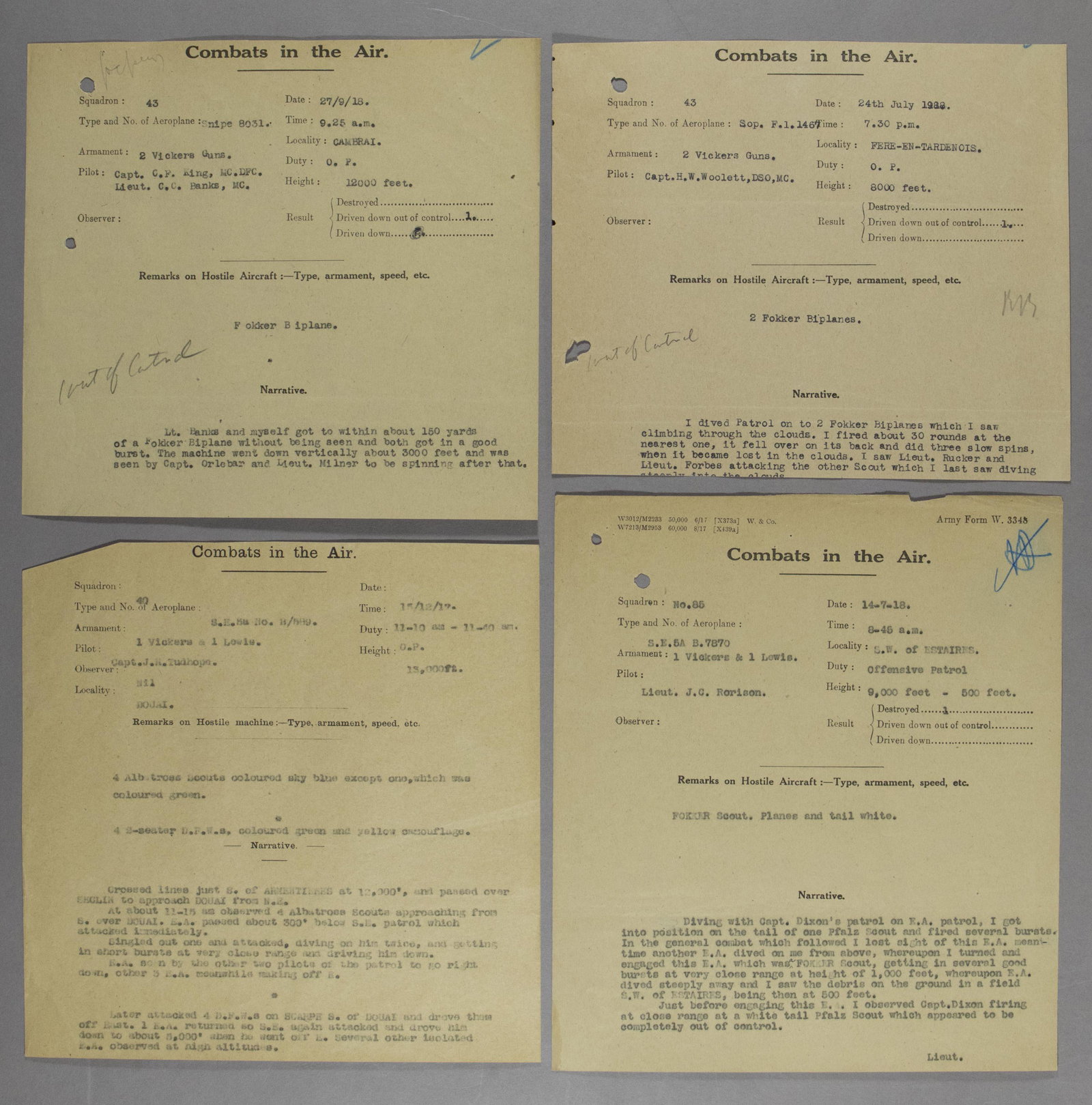 WORLD WAR I AIR COMBAT REPORTS (6) (1 of 2)