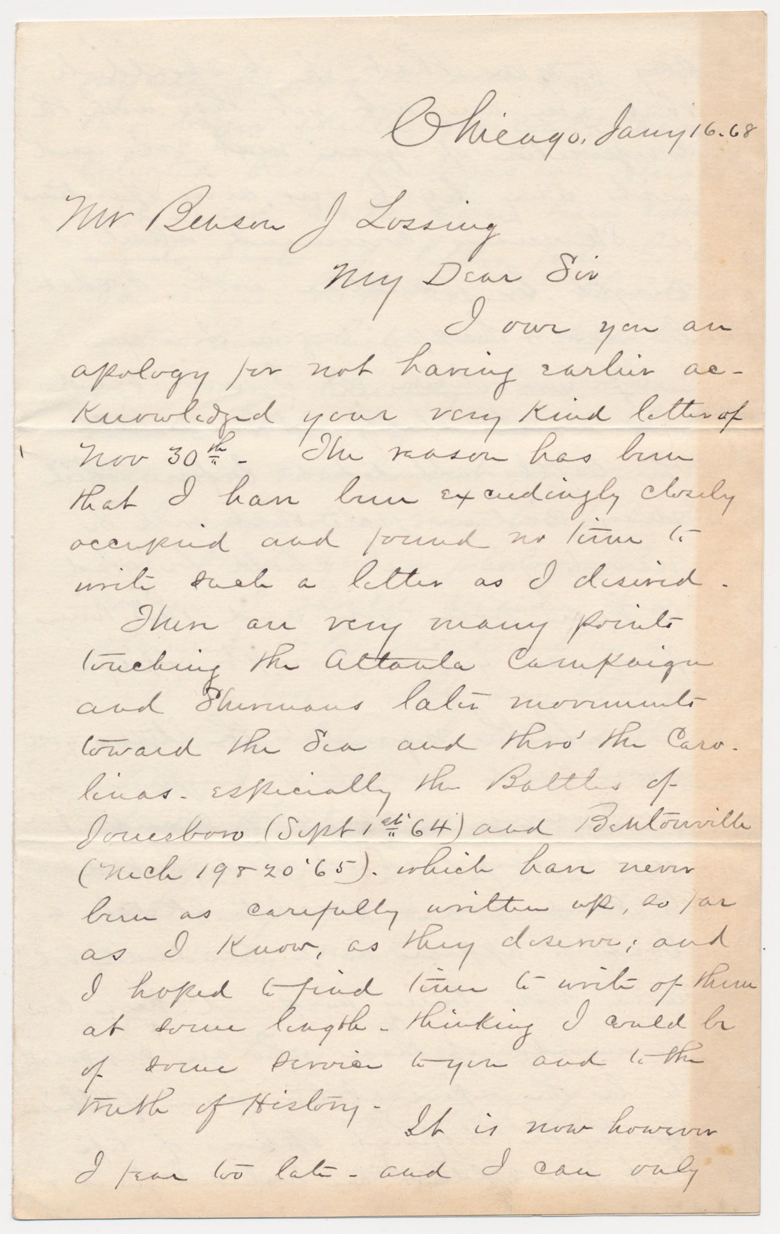 ALEXANDER C. MCCLURG: (1832 - 1901) Adjutant General and Brevet Brigadier General, served on the staffs of Philip Sheridan, George Henry Thomas, and Absalom Baird. Fine content A.L.S., 3pp. 8vo., Chicago, Jan. 16, 1868, to