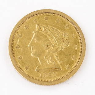 1843-O $2.50 LIBERTY HEAD GOLD COIN, CROSSLET 4: 1843-O Liberty Head Quarter Eagle. Small Date, Crosslet 4. As shown.