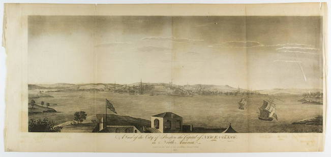 18TH CENTURY ENGRAVING OF BOSTON: A mid-18th century engraving of the city of Boston, 19.5 x 8.5, publisher not identified, 1757, depicting a view of the city from the harbor. The caption below reads in full: 'A View of the City of