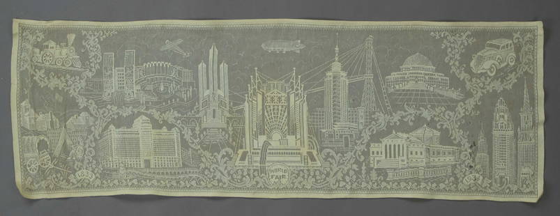 1934 WORLD’S FAIR EMBROIDERED TABLE CLOTH: Finely crafted hand-embroidered lace table cloth, 48 x 16 in., celebrating the 1934 World’s Fair. The imagery in this attractive piece includes a steam engine, carriage, state buildings,