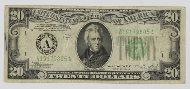 1934A $20.00 FEDERAL RESERVE NOTE, INVERTED REVERSE: Banknote previously offered by C.A.A./Heritage in their 2003 St. Louis Auction, Lot 26670. Their description reads: 'Fr. 2055-A $20 1934A Inverted Reverse Federal Reserve Note, Fine. A nice, well