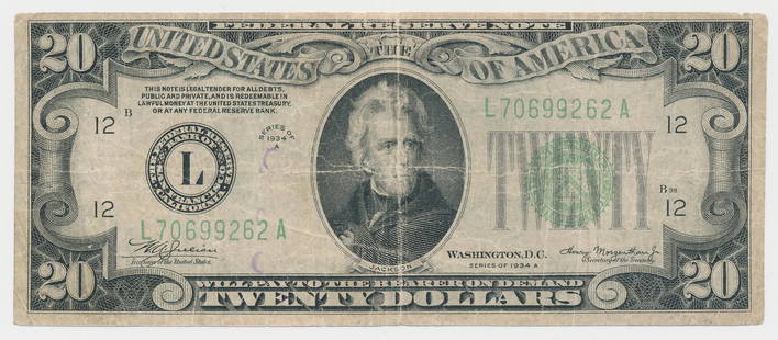 1934A $20.00 FEDERAL RESERVE NOTE, INVERTED REVERSE: Banknote previously offered by C.A.A./Heritage in their 2003 St. Louis Auction, Lot 26672. Their description reads: 'Fr. 2055-L $20 1934A Inverted Reverse Federal Reserve Note, Very Good. Rather