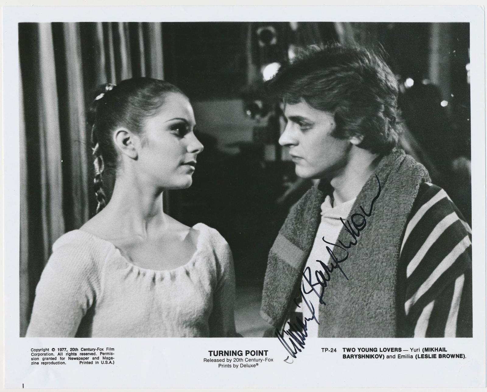 MIKHAIL BARYSHNIKOV: (b. 1948) Latvian-born Russian-American dancer, choreographer, actor and director, the preeminent male classical dancer of the 1970s and 1980s. S.P., 10 x 8 in. b/w, a still from his film 'Turning Poi