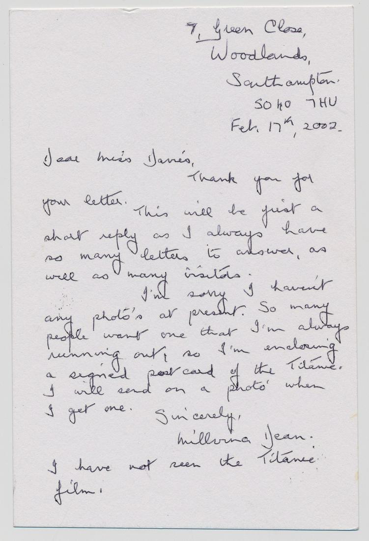 MILLVINA DEAN: (1912 - 2009) Last living surviving passenger of the RMS Titanic. At only 2 months old while on board she was the youngest passenger. A.L.S., 1p. 8vo., Southampton, England, Feb. 17, 2002. In part: &#