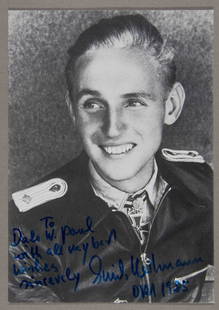 ERICH HARTMANN: (1922 - 1993) German ace, the top ace of all time, with 352 aerial kills during which he never lost a wing man. Captured and held by the Soviets for ten years. I.S.P., 4 x 6 in. b/w, a photo postcard