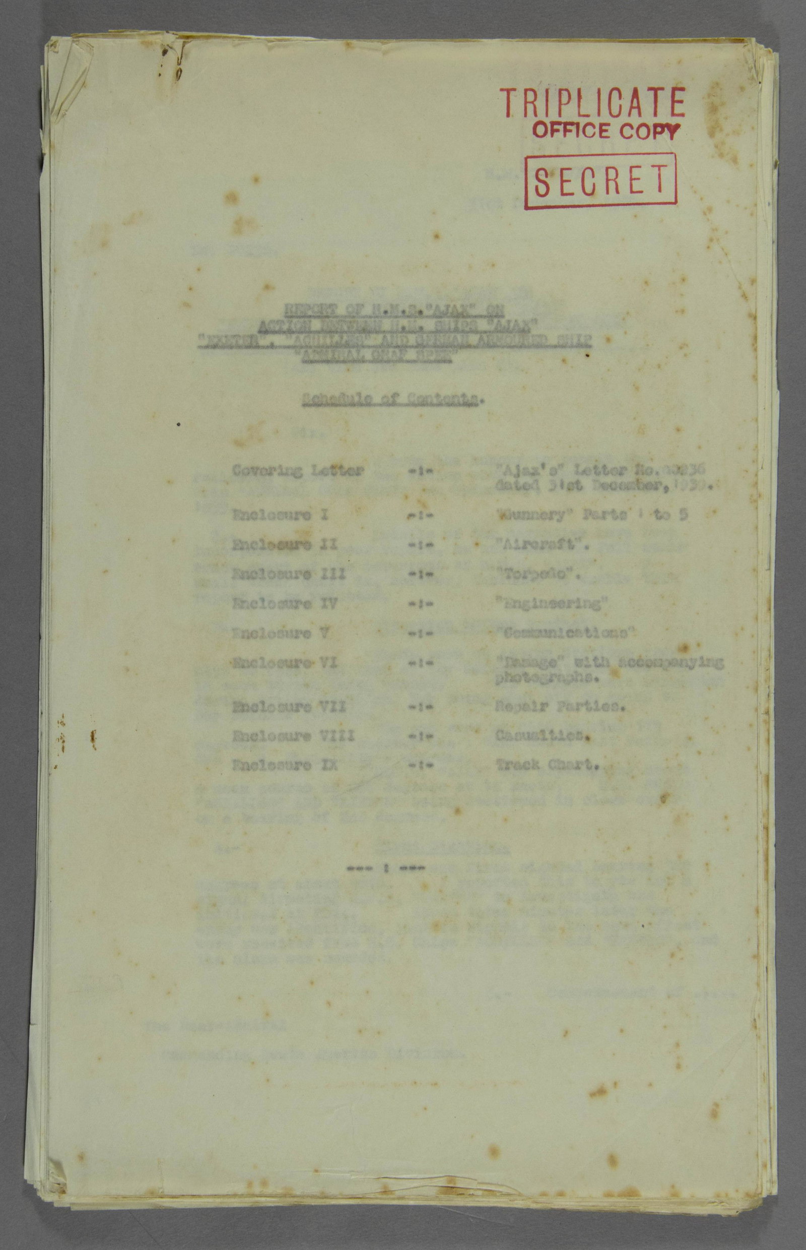 (GRAF SPEE) REPORT OF H.M.S. AJAX ON THE BATTLE OF THE RIVER PLATE: A most important historic document, the original report from the light cruiser H.M.S. AJAX on action against the Kriegsmarine pocket battleship ADMIRAL GRAF SPEE during the Battle of the River Plate,