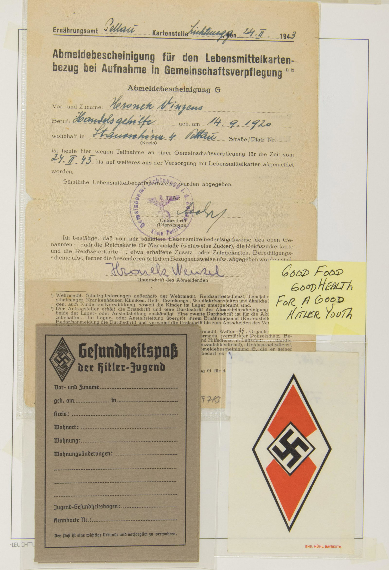 AN ALBUM OF HITLER YOUTH B.D.M. EPHEMERA: An album filled by a collector with Hitler Youth and B.D.M. and related ephemera. There is a total of about 75 pieces, including many postcards showing Adolf Hitler, photographs of Hitler Youth and 'c