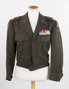 WORLD WAR II U.S. 25TH INFANTRY DIVISION UNIFORM: Very nice uniform set belonging to a member of the U.S. 25th Infantry Division, consisting of a tunic, trousers and jacket. The OD green ‘Ike’ style jacket, constructed of gabardine, displ