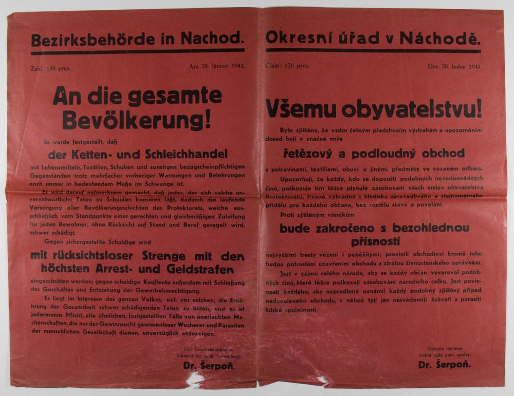 PROHIBITED TRADE IN NAZI-OCCUPIED CZECHOSLOVAKIA: An original war date poster, 1p. folio (25 x 18 in), Nachod, January 30, 1941, printed on bright pink stock in both German and Czech, and cautioning against smuggling and selling goods on the black ma