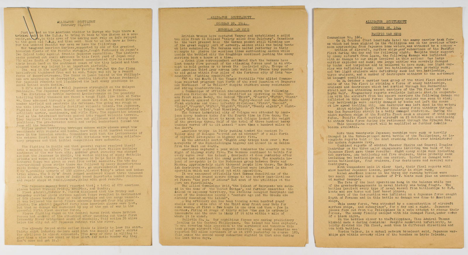 U.S.S. PENSACOLA 'ALLIGATOR SCUTTLEBUTT' PERIODICALS: Informative lot of fifteen issues of an unidentified war periodical titled 'Alligator Scuttlebutt', collected by U.S. Marine Sgt. Charles Edward Wright, who saw service in the Marshall Islands, Iwo Ji