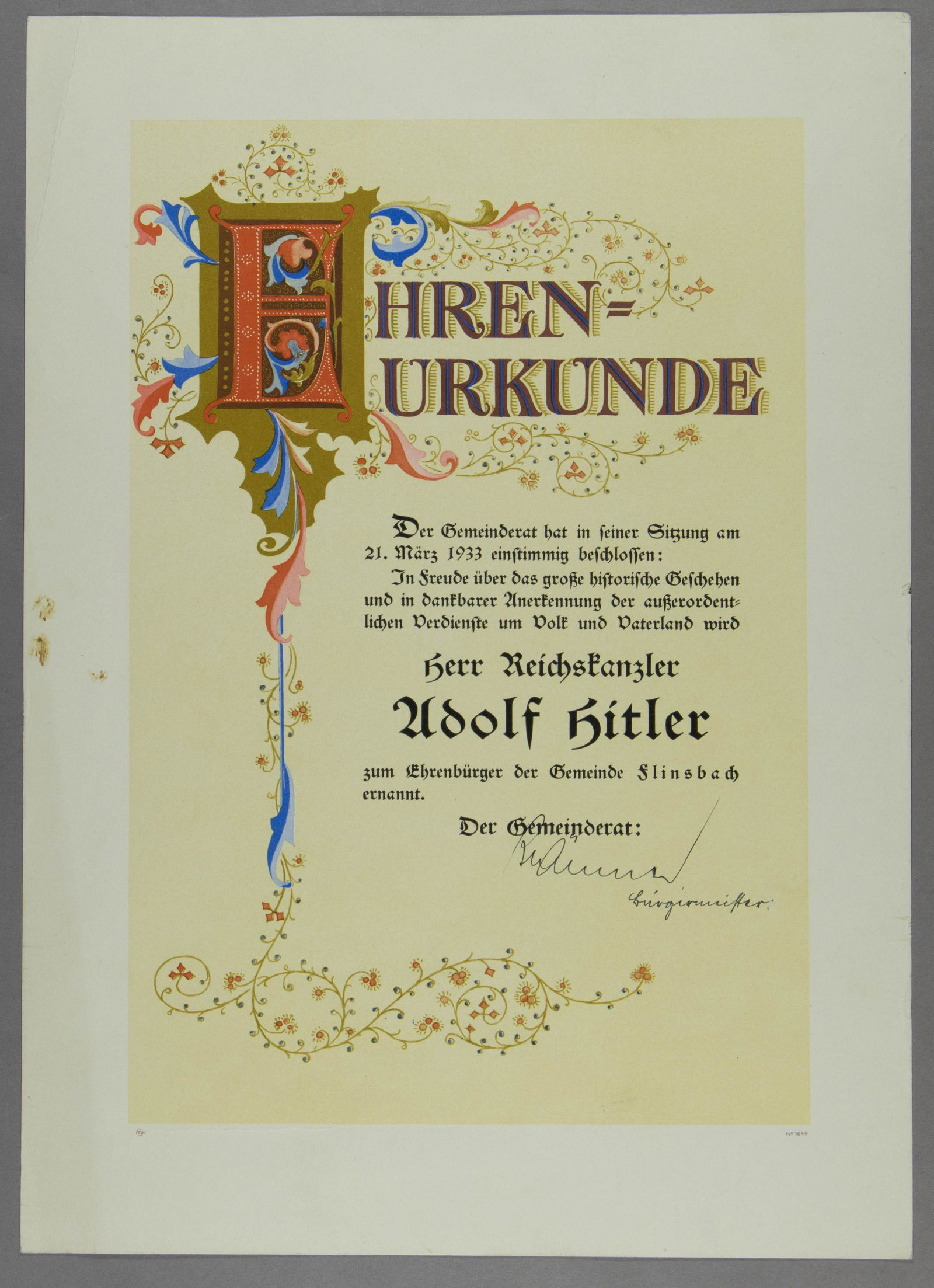 ADOLF HITLER IS MADE AN HONORARY GERMAN CITIZEN: Rare 'Honor Award' bestowed upon Adolf Hitler, 1p. 11.75 x 16.5 in., Flinsbach, Mar. 21, 1993, making Hitler an 'honorary citizen' of the city. The ornate, partly printed document reads in full: 'At i