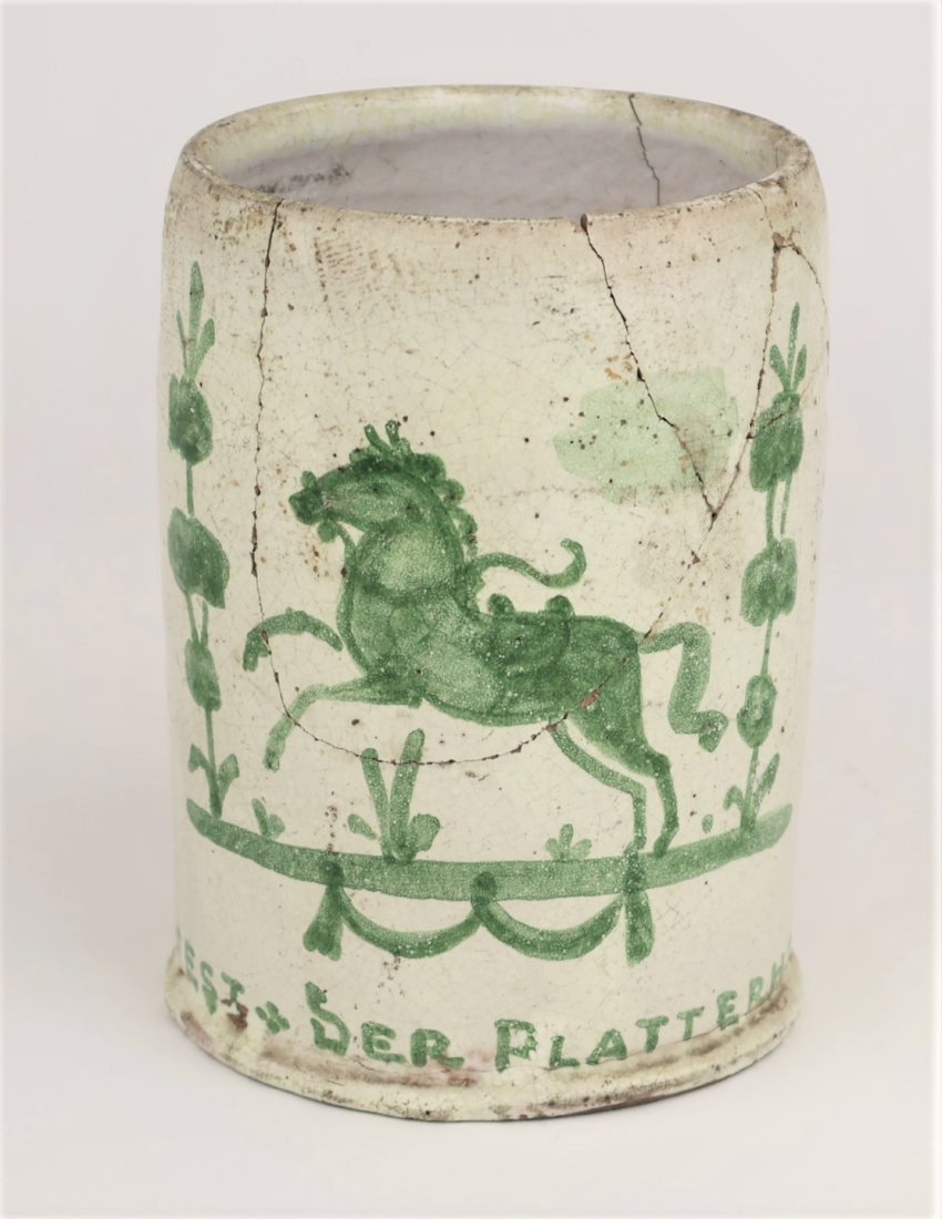 PLATTERHOF HOTEL ROOFING CEREMONY MUG: White glazed commemorative mug, 5.5 x 5.5 in., in honor of a ceremony held at the hotel in 1939 upon the completion of construction. Depicted in green paint is the image of a rearing horse surrounded 