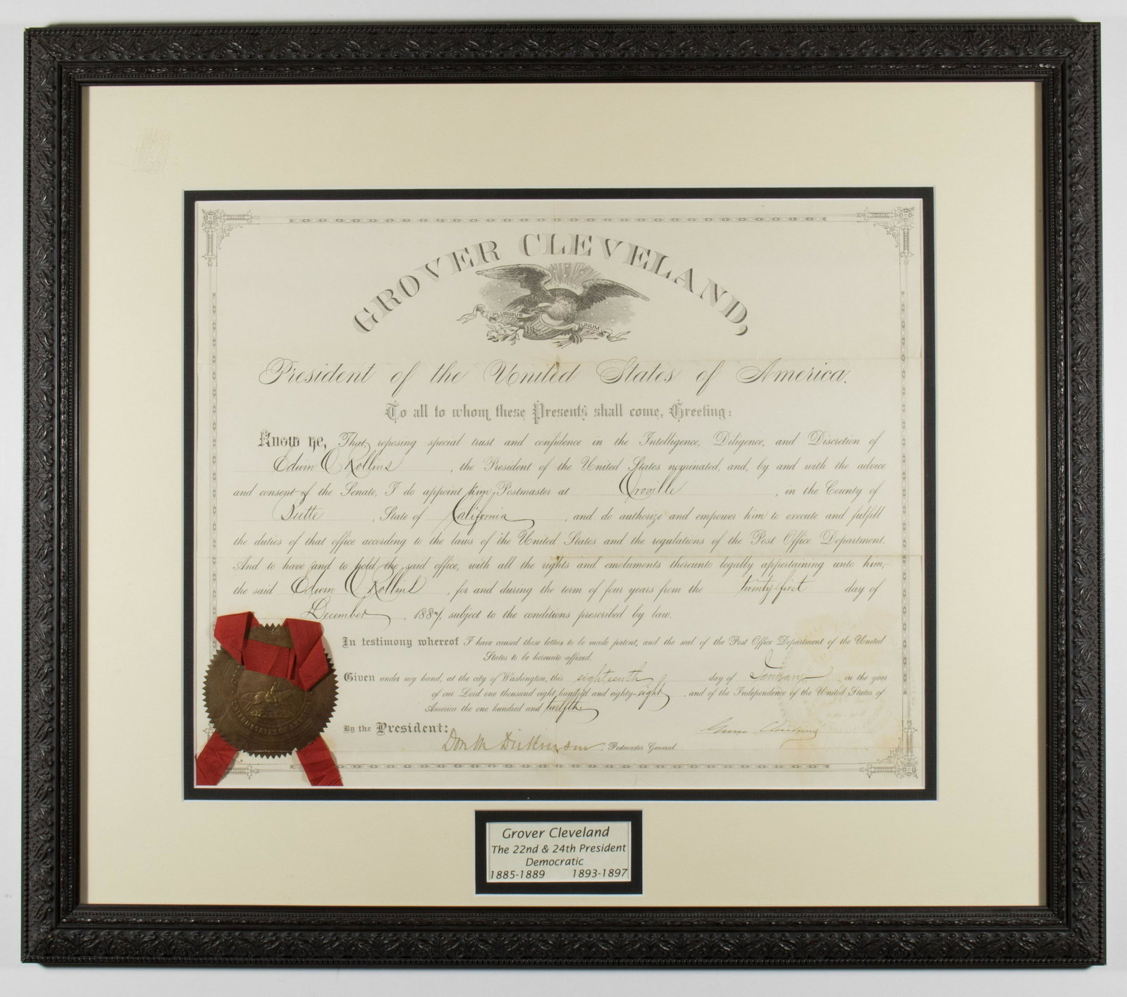 GROVER CLEVELAND: (1837 - 1908) 22nd and 24th President of the United States, supported civil service and fiscal reform. Partly-printed D.S. as President, 1p. folio, Washington, Jan. 18 1888, the appointment of Edwin O
