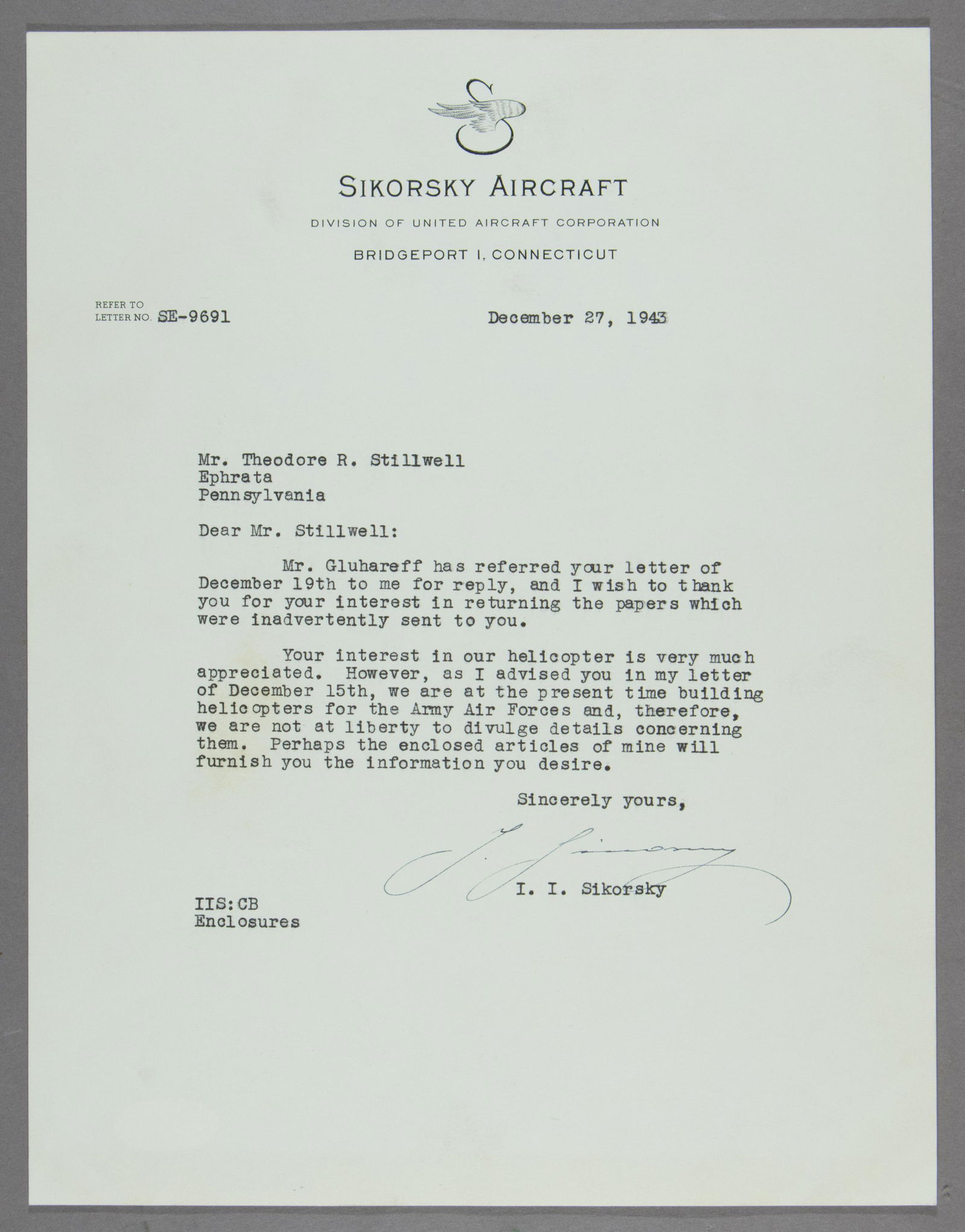 IGOR SIKORSKY: (1889-1972) American aeronautical engineer and inventor of the first helicopter and multi-engined plane. World War II date T.L.S. on his Sikorsky Aircraft letterhead, 1p. 4to., Bridgeport, Dec. 17, 19