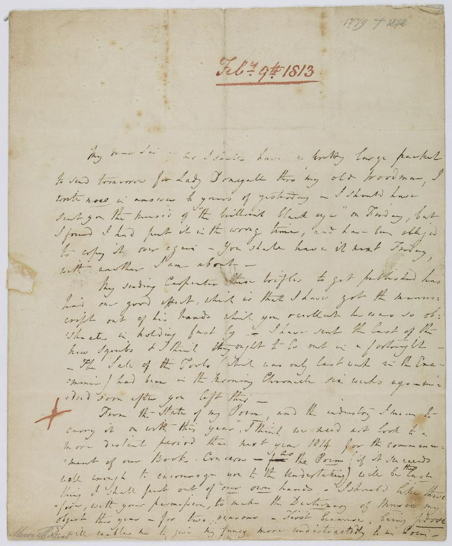 THOMAS MOORE: (1779 - 1852) Irish poet, singer, and entertainer, best remembered for the lyrics of 'The Minstrel Boy' and 'The Last Rose of Summer'. He was responsible, with John Murray, for burning Lord Byron's me