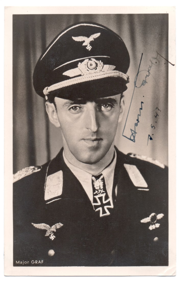 HERMANN GRAF: (1912 - 1988) Luftwaffe World War II fighter ace, served on both the Eastern and Western Fronts and credited with 212 victories, 202 of which were on the Eastern Front. First to achieve 200 aerial vic