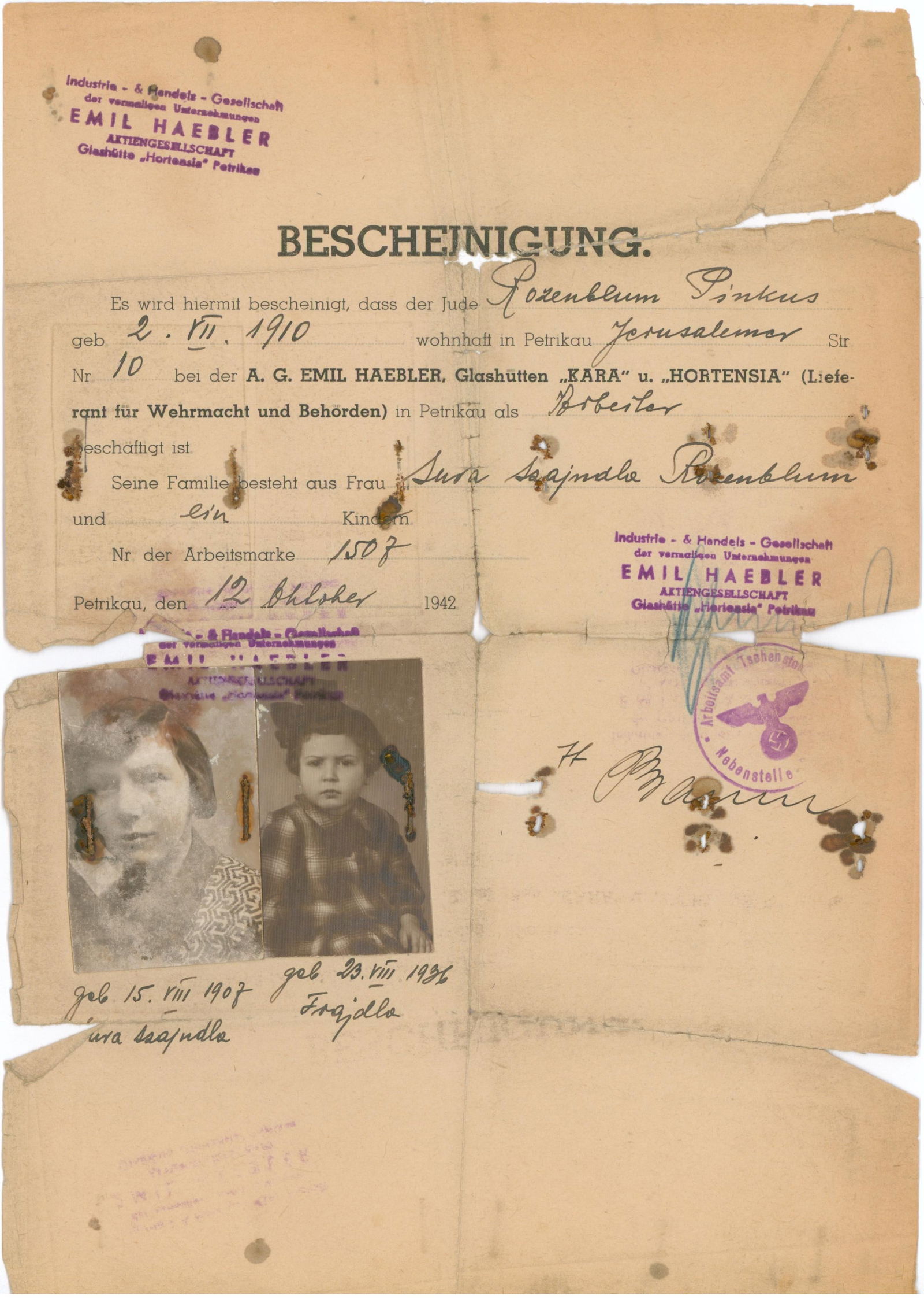 PERMIT FOR JEWISH MAN TO WORK IN PETRIKAU (1 of 2)