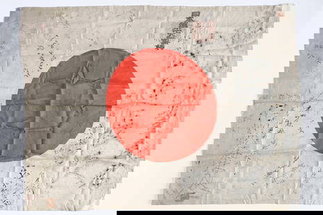 JAPANESE ‘GOOD LUCK’ FLAG WITH TEMPLE STAMPS: Japanese national flag, 38 x 28 in., silk construction. The flag is covered with Japanese writing in black ink, untranslated but almost certainly wishes of good luck and exhortations to destroy the en