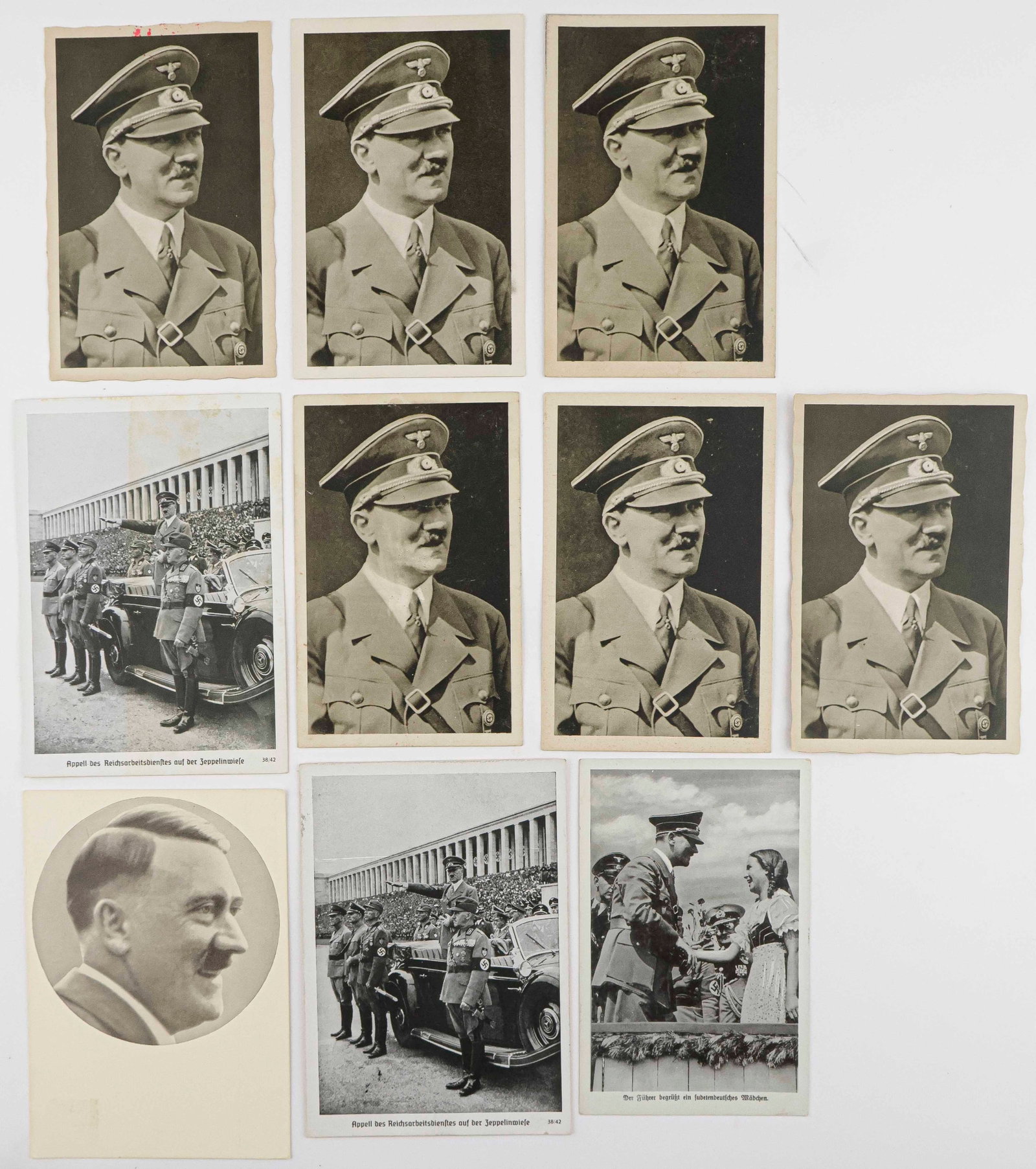 POSTCARDS OF ADOLF HITLER FROM GERMAN-OCCUPIED CZECHOSLOVAKIA (10): A group of 10 postcards of Adolf Hitler in various poses and scenes, each sent from German-occupied Czechoslovakia during the War. Postmarks include: Prague, Asch and Brno. Overall very good condition