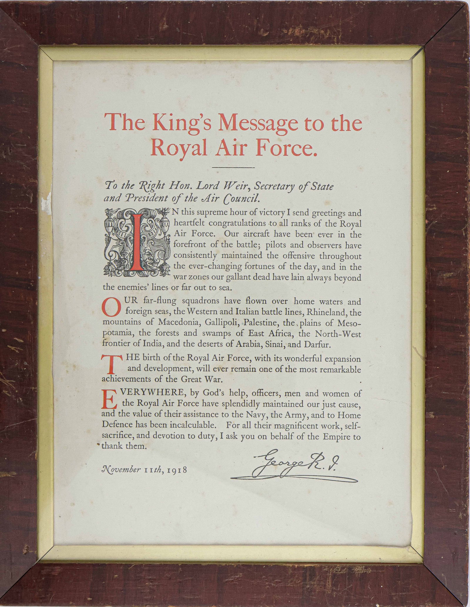 WORLD WAR I KING’S MESSAGE TO THE ROYAL AIR FORCE (1 of 2)