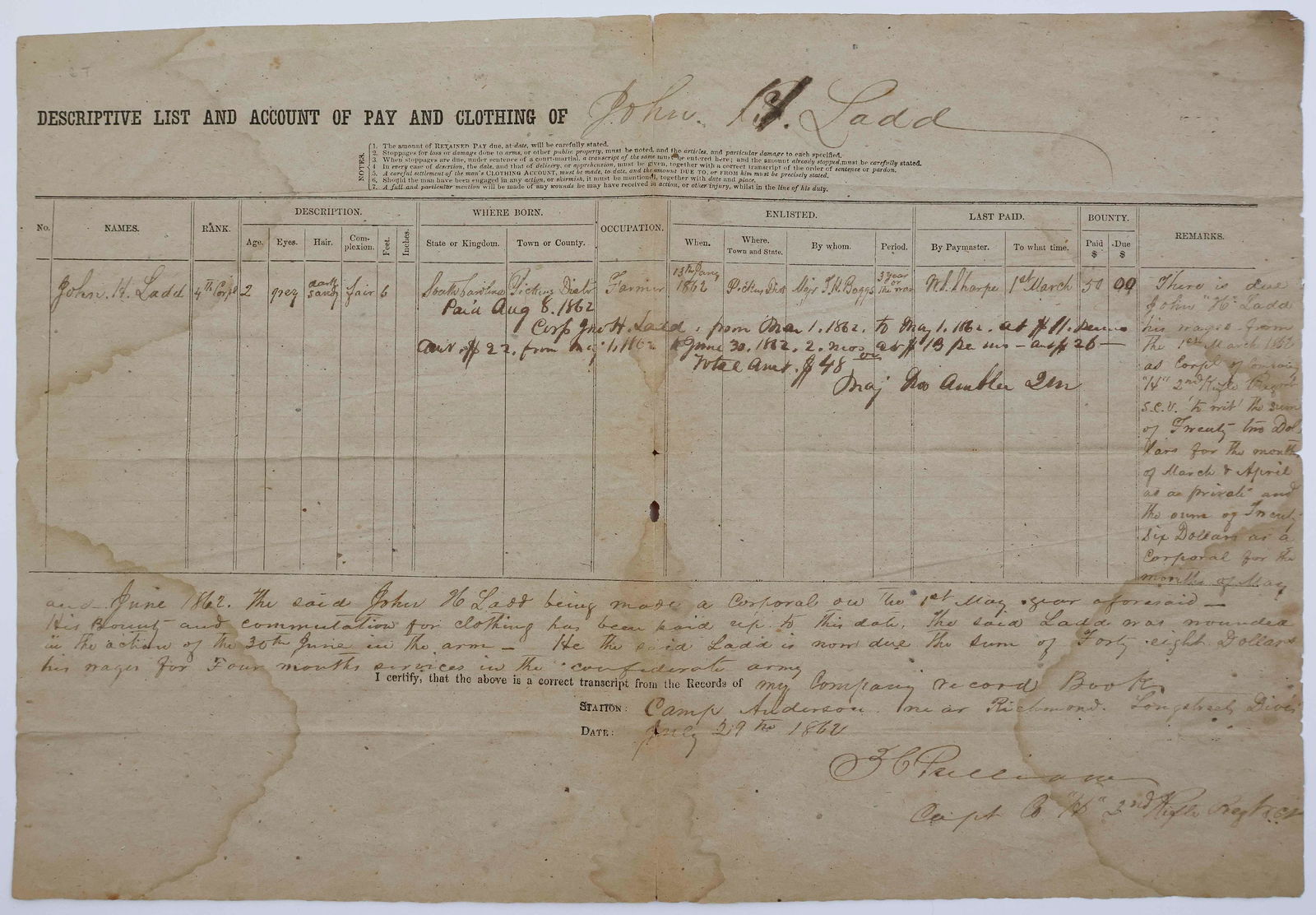 CONFEDERATE PAYROLL, 1862 (1 of 1)