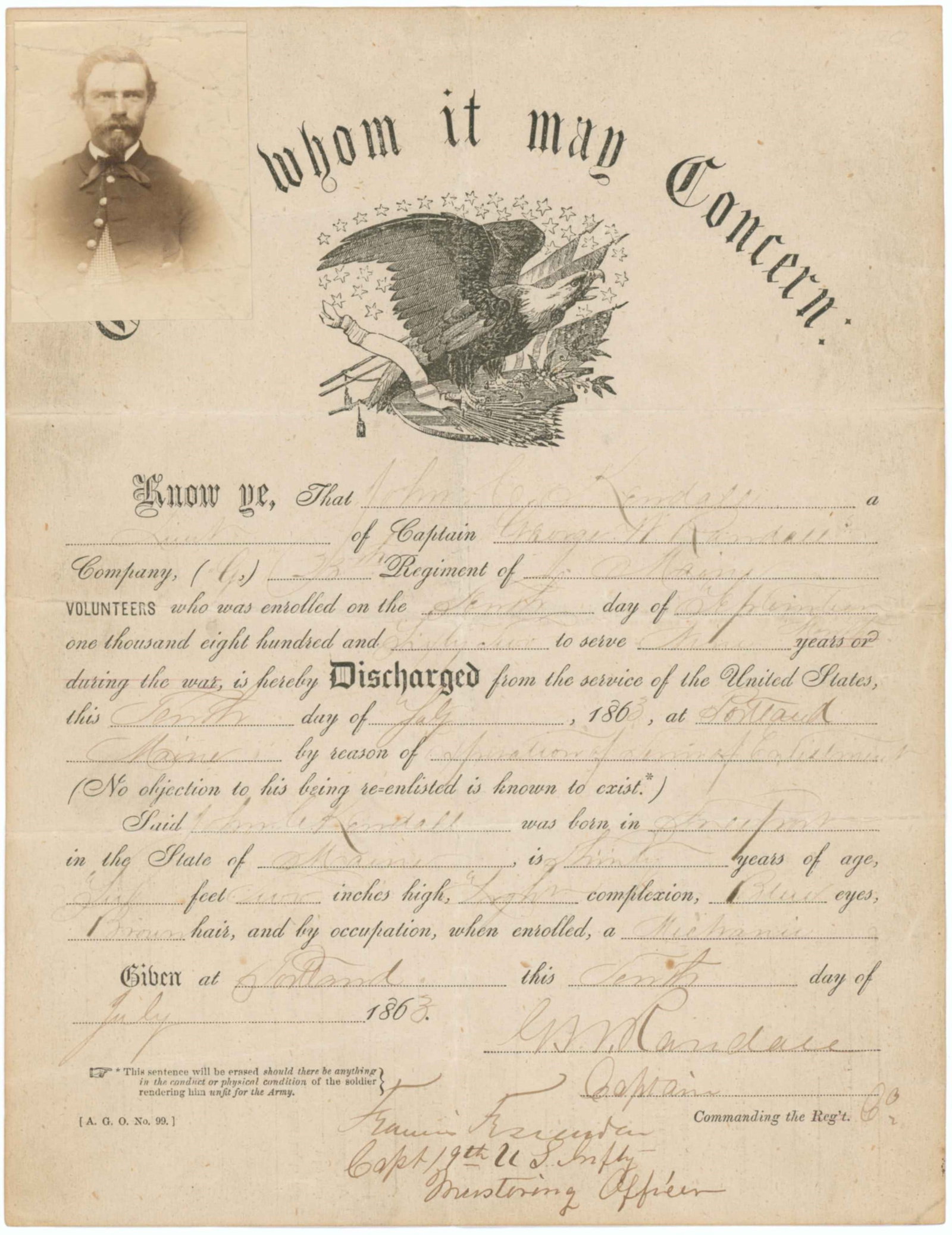 FRANCIS FESSENDEN: (1839-1906) Union brigadier general who fought under Buell at Shiloh and lost a leg in the Red River campaign. Partly-printed war-date D.S. ‘Francis Fessenden Capt. 19th U.S. Infy Mustering Offi
