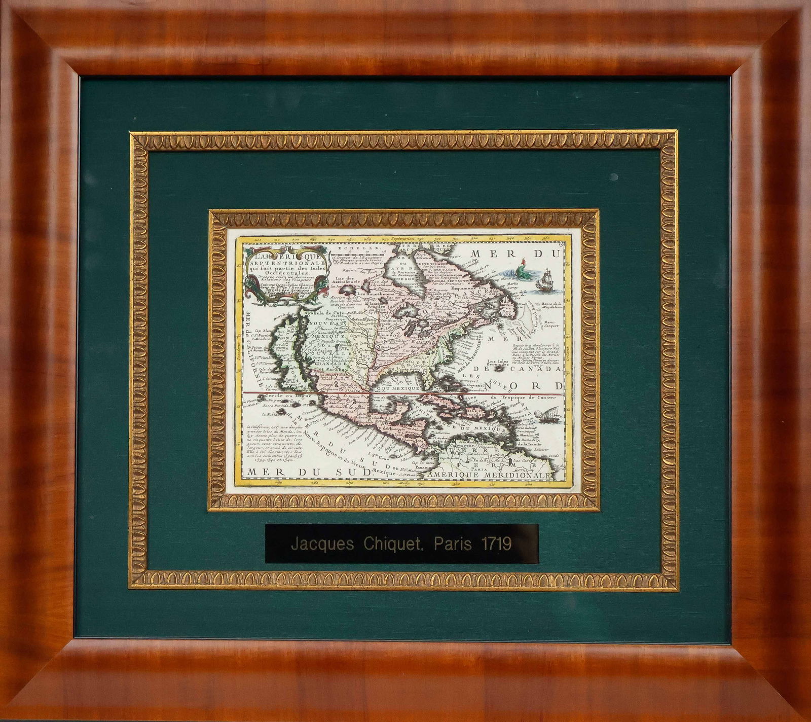 1792 MAP OF NORTH AMERICA BY JACQUES CHIQUET: Superb engraved and hand-colored map of North America by French cartographer Jacques Chiquet, 9 x 6.75 in. (sight), very boldly and sharply printed. Set into an elaborate and most attractive double ma