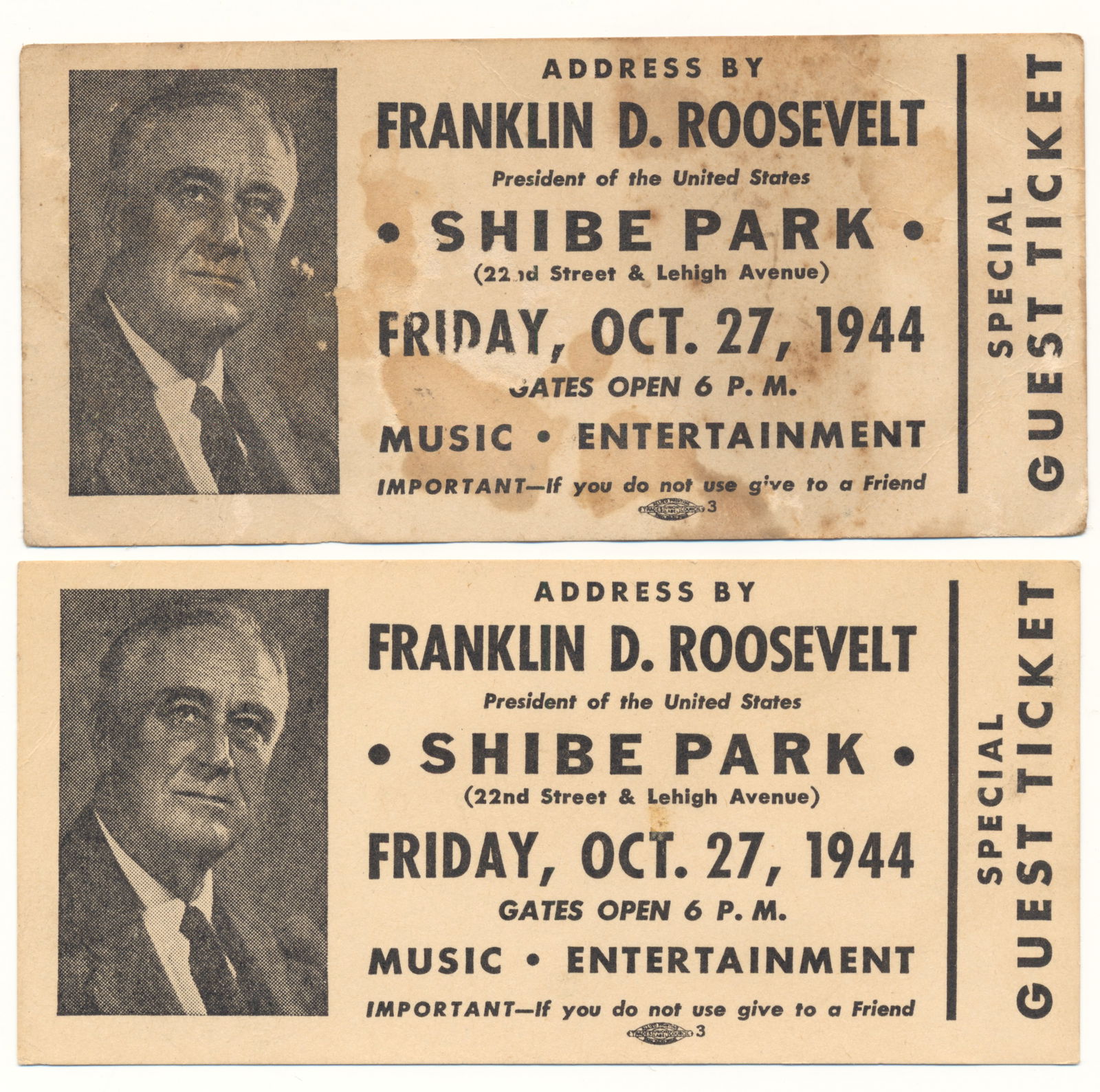 TICKETS TO FRANKLIN D. ROOSEVELT 1944 ADDRESS (2) (1 of 1)