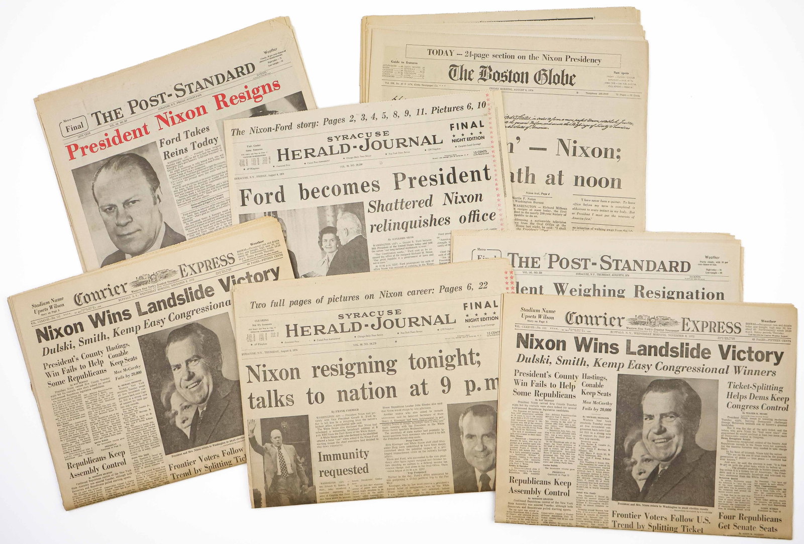 (RICHARD M. NIXON AND WATERGATE): Lot of six full-edition newspapers, various publishers, each bearing a story on Nixon in relation to the Watergate scandal. Titles and subtitles include: ‘President Weighing Resignation’, 