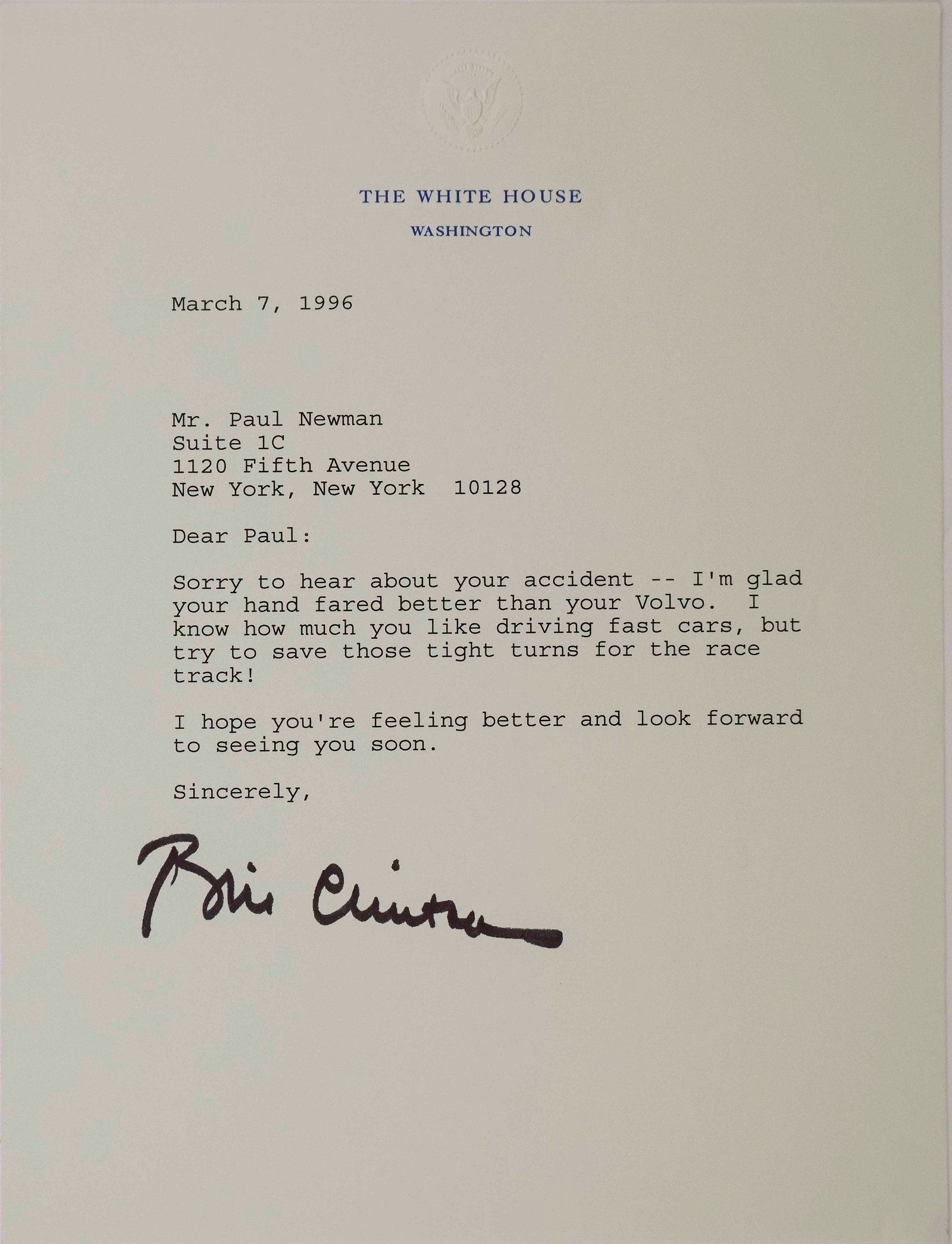 WILLIAM J. CLINTON: (b. 1946) Forty-second President of the United States, the first elected president to be impeached. Fine association T.L.S. as President on White House letterhead, 1p. 4to., Washington, Mar. 7, 1996 t
