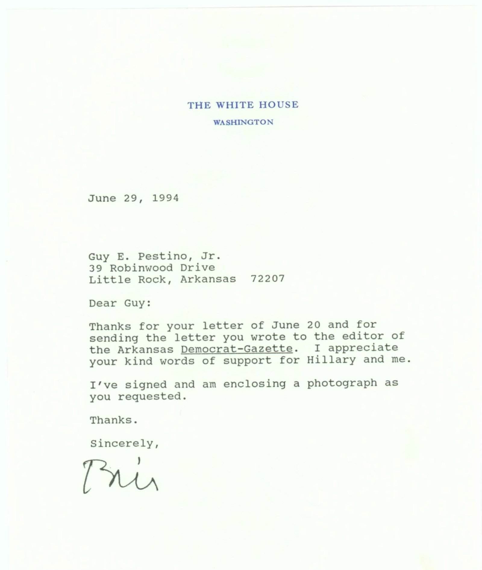 WILLIAM J. CLINTON: (b. 1946) Forty-second President of the United States, the first elected president to be impeached. T.L.S. 'Bill' as President on White House letterhead, 1p. 8vo., Washington, June 29, 1994 to a frien