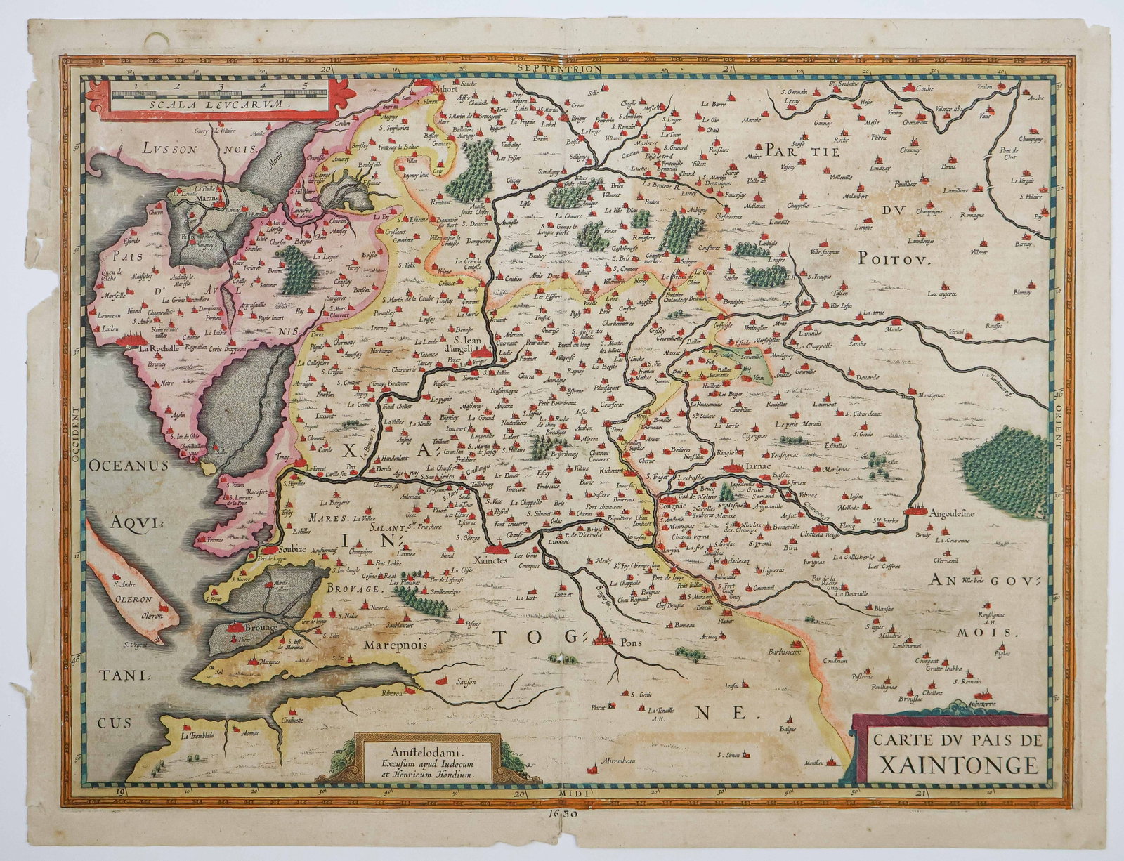 1630 MAP OF SAINTONGE REGION OF FRANCE: An original, hand-colored map of the Saintonge region of France, 21 x 16.5 in., published 1630 and originally comprising pps. 146-147 of an ecclesiastical volume with text on verso. Hand-tinting remai