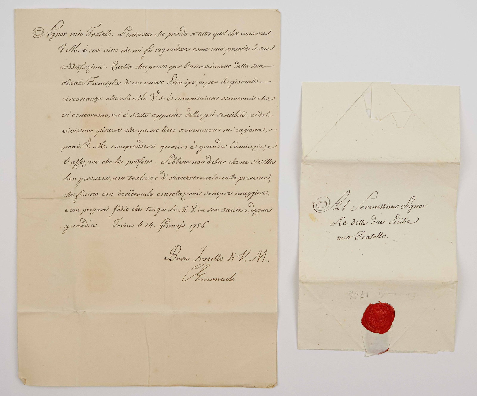 CHARLES EMMANUEL III: (1701-1773) King of Sardinia from 1730 until his death in 1773 and Duke of Savoy. L.S., 1p. 4to., Turin, Jan. 14, 1756, to King Charles III of Spain, in Italian and untranslated. Folds, else in fine c