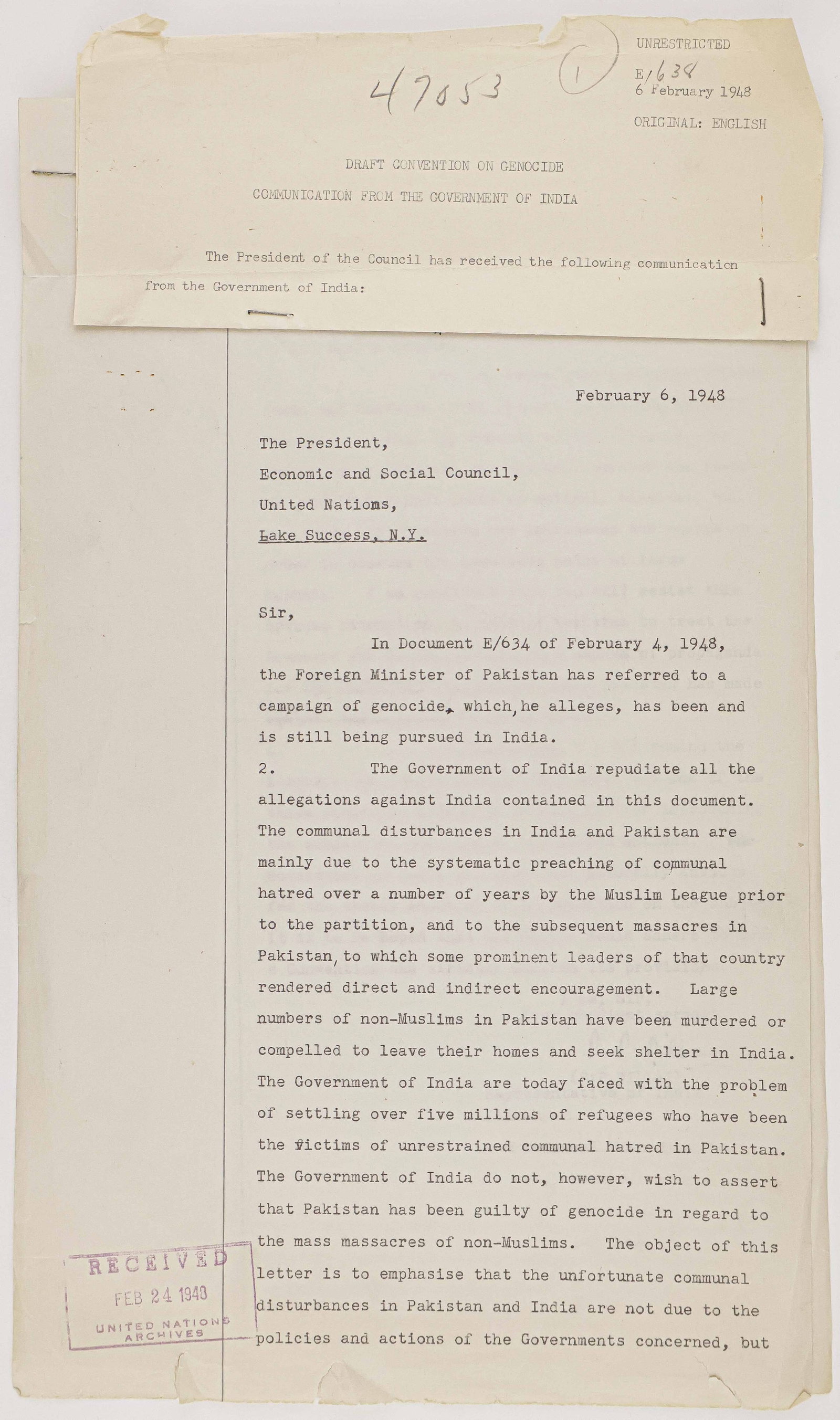 1947 RAWALPINDI MASSACRES: Fine content typed D.S. signed by United Nation representative for India PADMANABHA P. PILLAI, India's second Representative to the United Nations who Shri replaced Samarendranath Sen and served from 