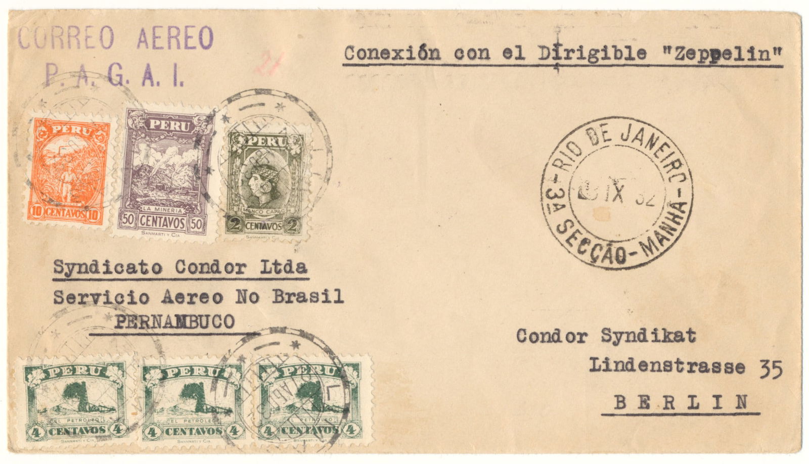 AIRSHIP GRAF ZEPPELIN FLOWN POSTAL COVER, 1932 (1 of 2)