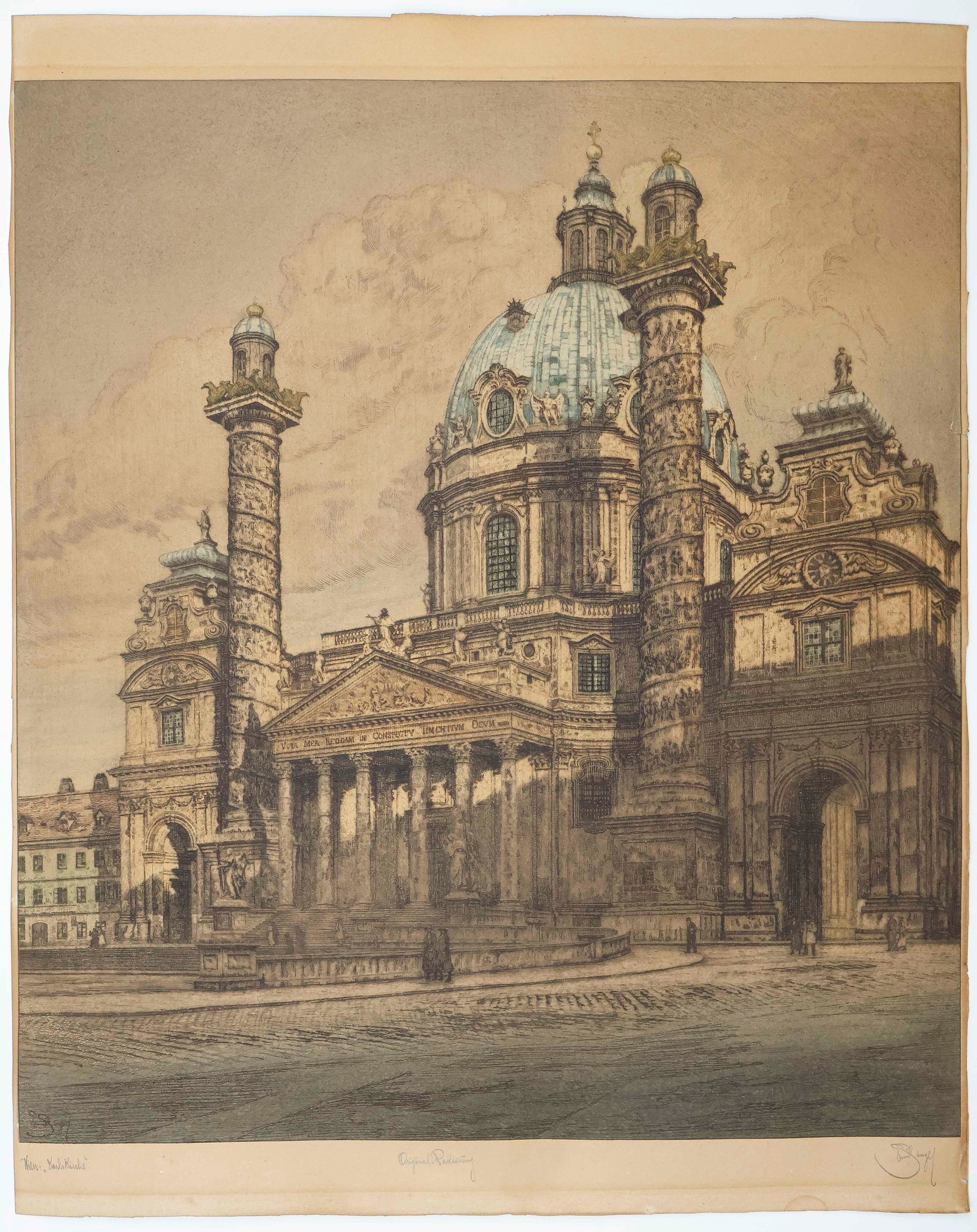 EMIL SINGER ORIGINAL SIGNED ETCHING OF KARLSKIRCHE: (1881-1942) Austrian Jewish impressionist artist best remembered for his numerous etchings of iconic Austrian landmarks and cityscapes. Despite his art's popularity and the support from American frien
