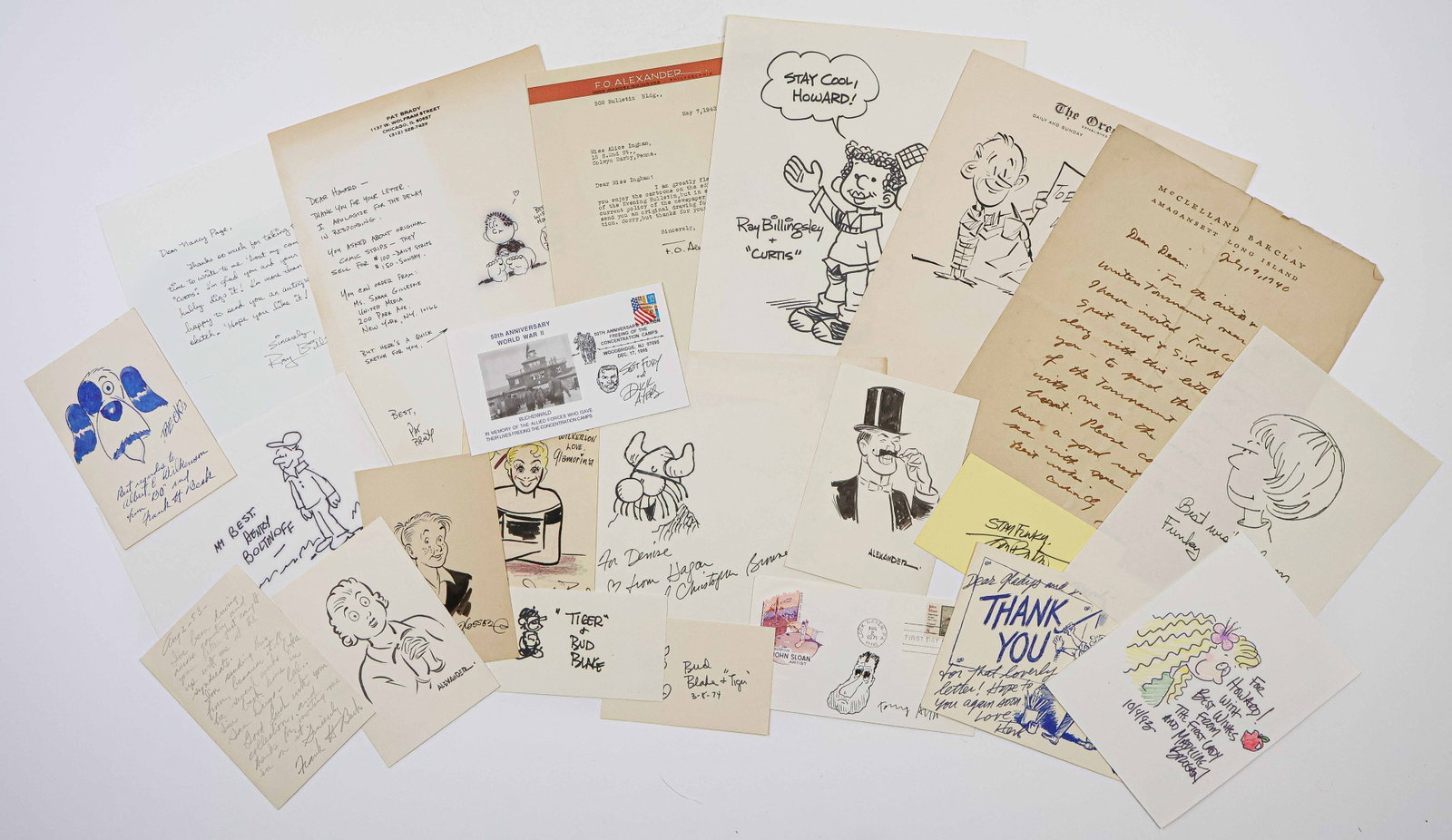 CARTOONISTS: A great group of 18 items by cartoonists and illustrators, in various formats (noted). Includes: CHRISTOPHER BROWNE (signed sketch of ‘Hagar the Horrible’); DOROTHY BOND (signed sketch of 