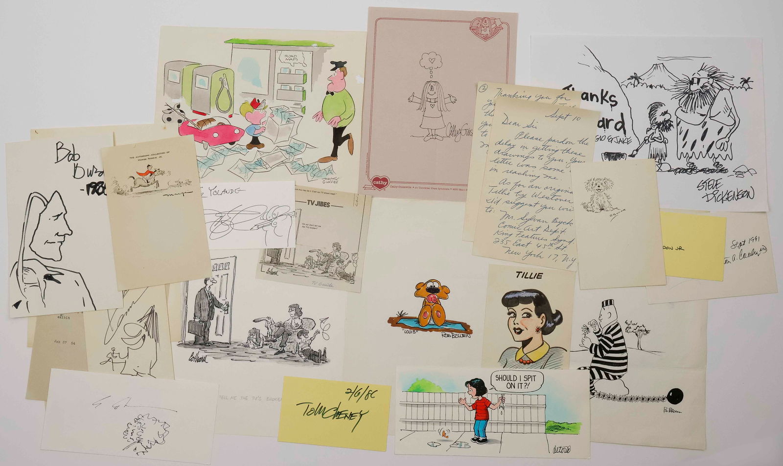 CARTOONISTS (20): A great group of 20 items by notable cartoonists and illustrators, in various formats (noted). Includes: EDWINA DUNN (signed sketch and an A.L.S.); JOHN DETORE (signed color sketch); AL CAPP (signatur