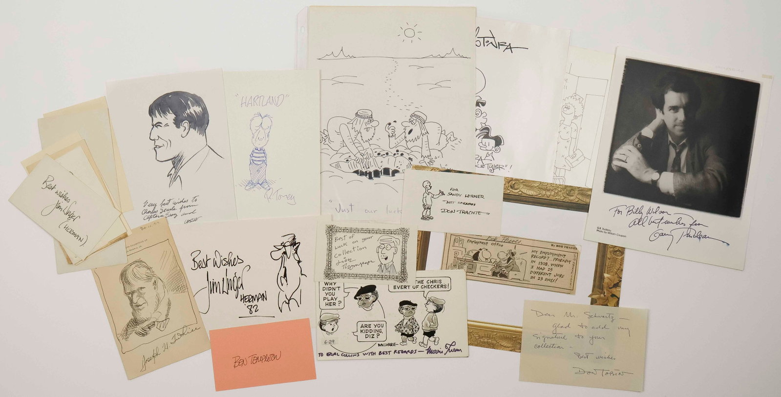 CARTOONISTS (20): A group of 20 pieces by noted American cartoonists, in various formats (noted). Includes original signed sketches by: JIM UNGER, JOSEPH TUTHILL, MORRIE TURNER, LESLIE TURNER, DON TRACHTE, RICHARD TORR